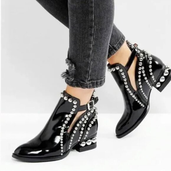 Jeffrey Campbell Rylance Heeled Ankle Boots Leather Studded Bootie Black Size 8 - Picture 1 of 11